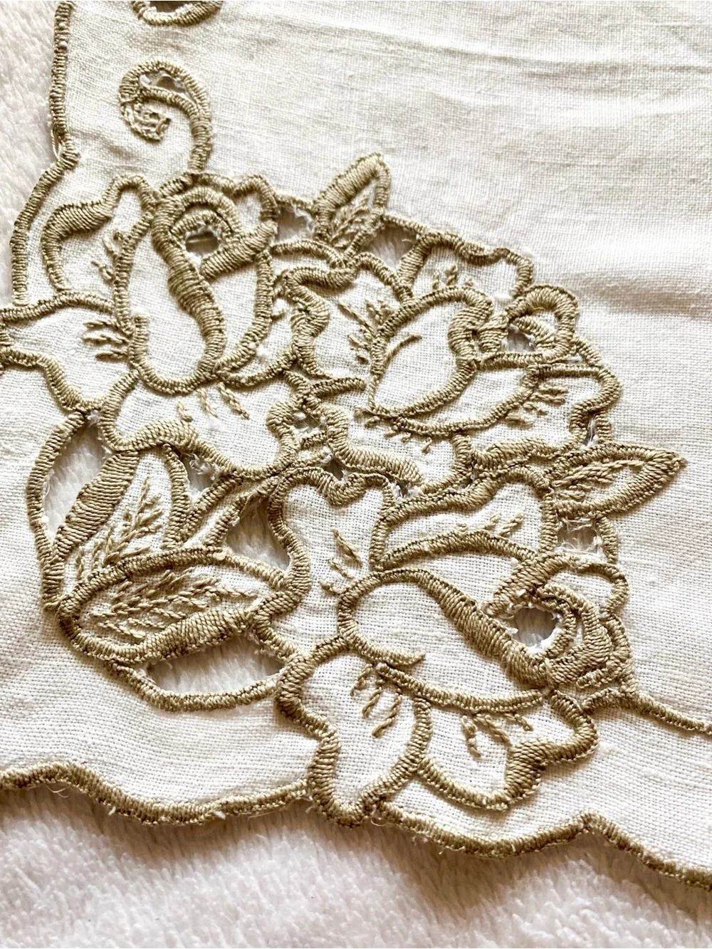 Vintage Cream Table Linen with Gold Embroidered Scrollwork